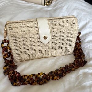 Woven Cream Clutch with Tortoise Chain